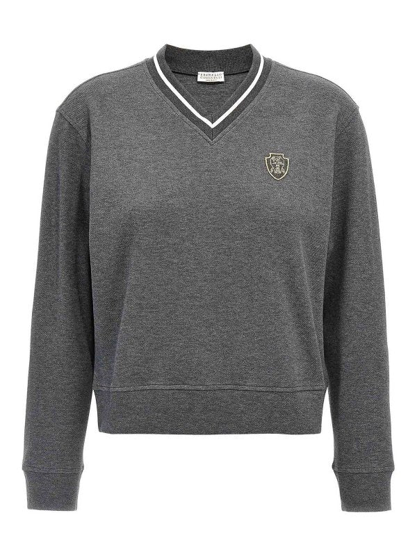 BRUNELLO CUCINELLI WOMEN'S LEAD COTTON BLEND V NECK SWEATSHIRT