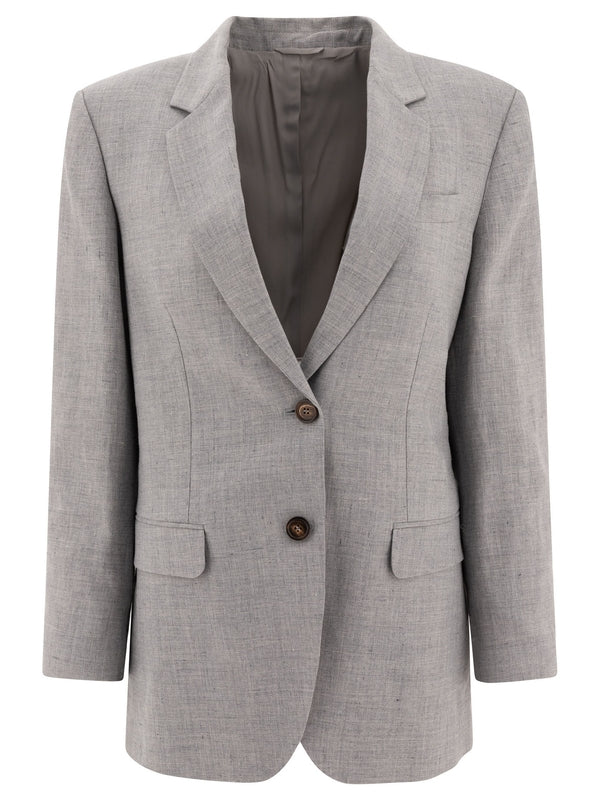 BRUNELLO CUCINELLI WOMEN'S LIGHT GREY LINEN WOOL BLAZER