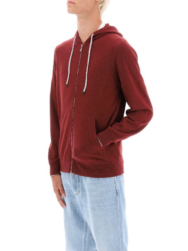 BRUNELLO CUCINELLI MEN'S RED WOOL ZIP HOODIE