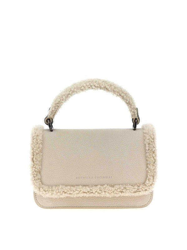 BRUNELLO CUCINELLI WOMEN'S NEW LAMB SHEARLING TRIMMED LEATHER BAG
