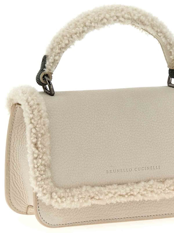 BRUNELLO CUCINELLI WOMEN'S NEW LAMB SHEARLING TRIMMED LEATHER BAG