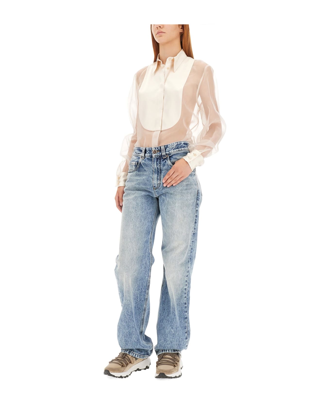 BRUNELLO CUCINELLI WOMEN'S SHEER IVORY BLOUSE WITH PLEAT DETAIL