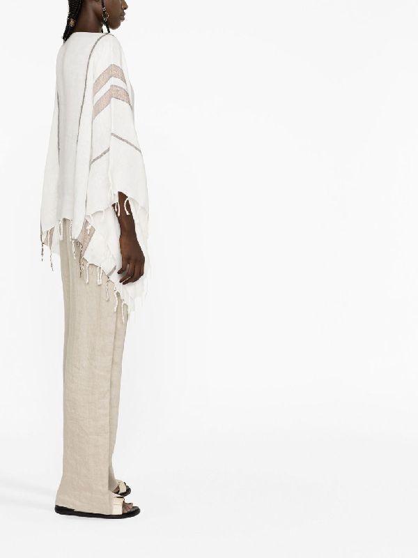 BRUNELLO CUCINELLI WOMEN'S WHITE BRONZE LINEN PONCHO WITH FRINGE