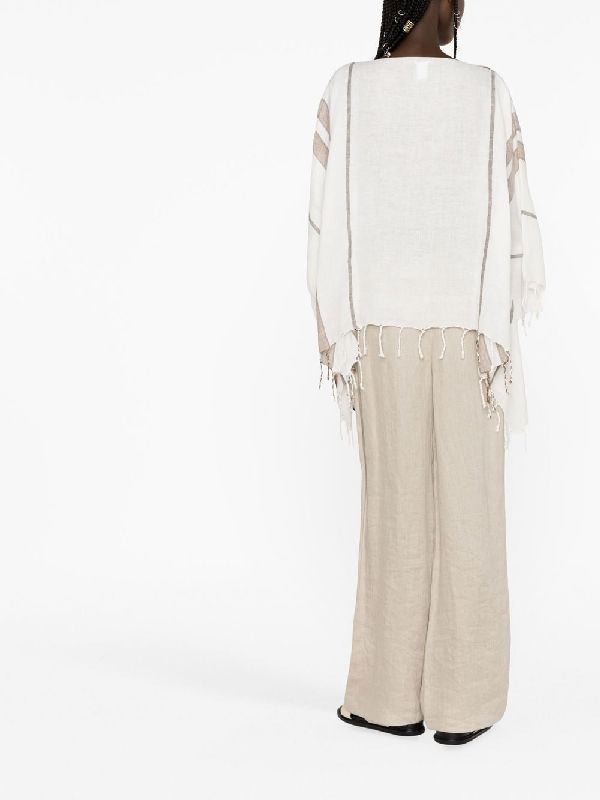 BRUNELLO CUCINELLI WOMEN'S WHITE BRONZE LINEN PONCHO WITH FRINGE