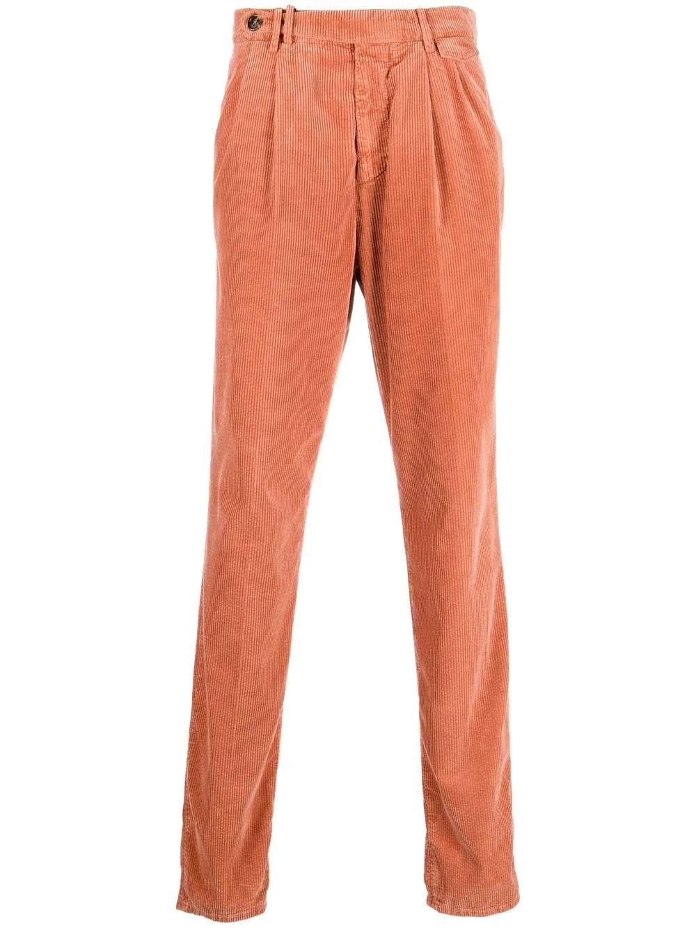 BRUNELLO CUCINELLI MEN'S ORANGE PLEATED CORDUROY TROUSERS