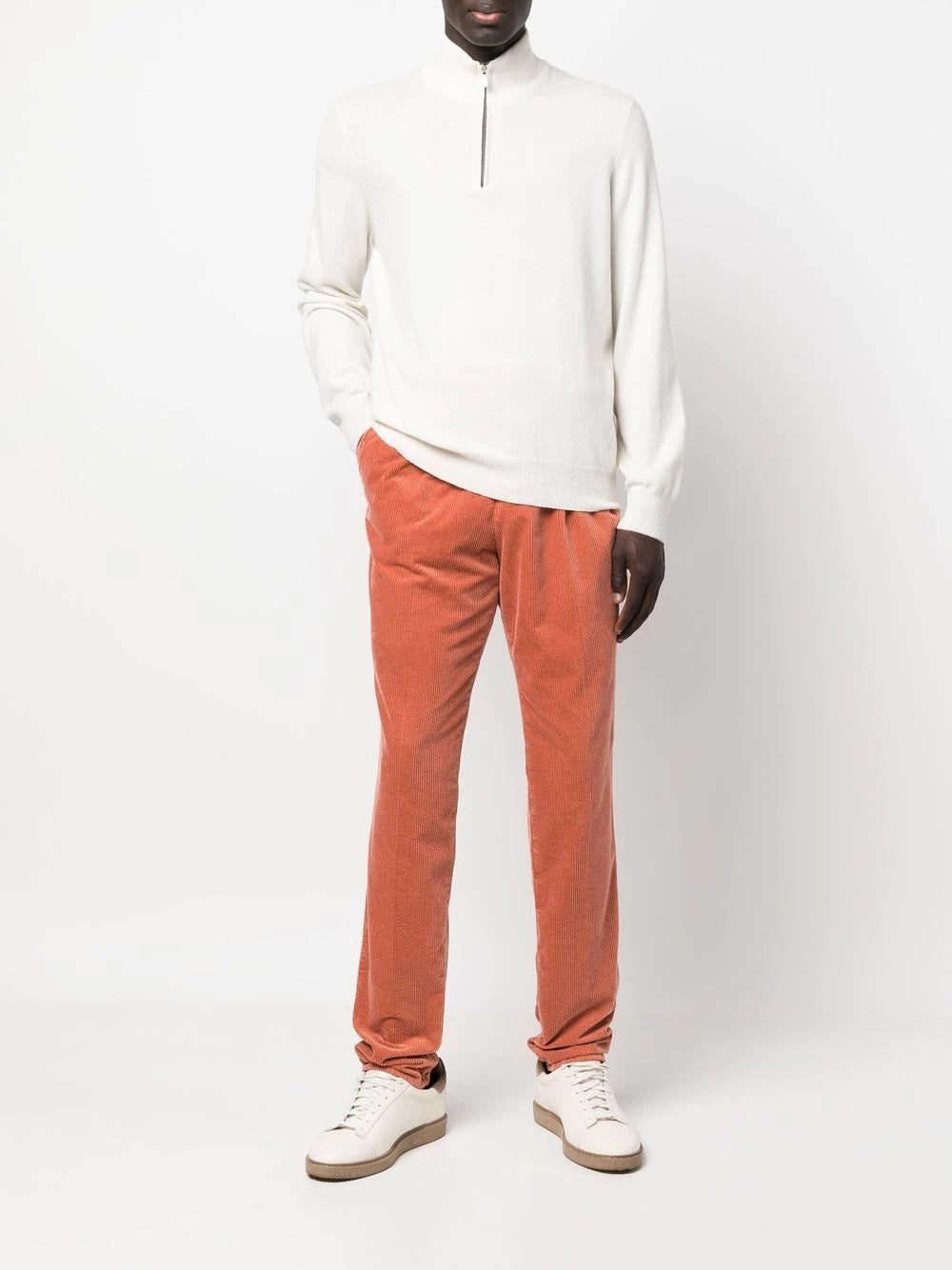 BRUNELLO CUCINELLI MEN'S ORANGE PLEATED CORDUROY TROUSERS