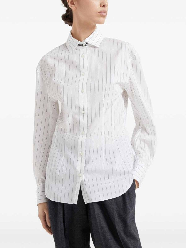 BRUNELLO CUCINELLI WOMEN'S WHITE STRIPED COTTON SILK SHIRT