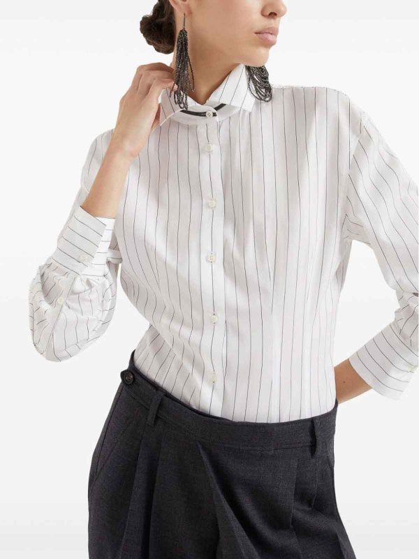 BRUNELLO CUCINELLI WOMEN'S WHITE STRIPED COTTON SILK SHIRT