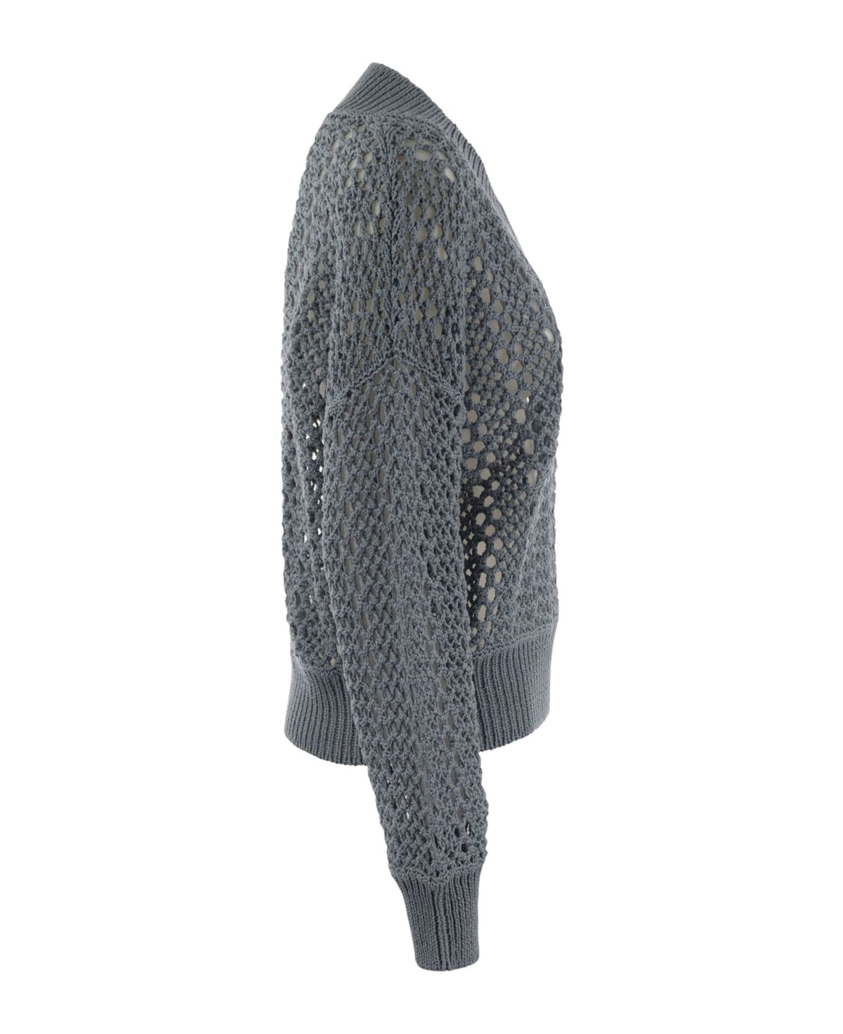 BRUNELLO CUCINELLI WOMEN'S ARCTIC BLUE OPEN KNIT V NECK SWEATER
