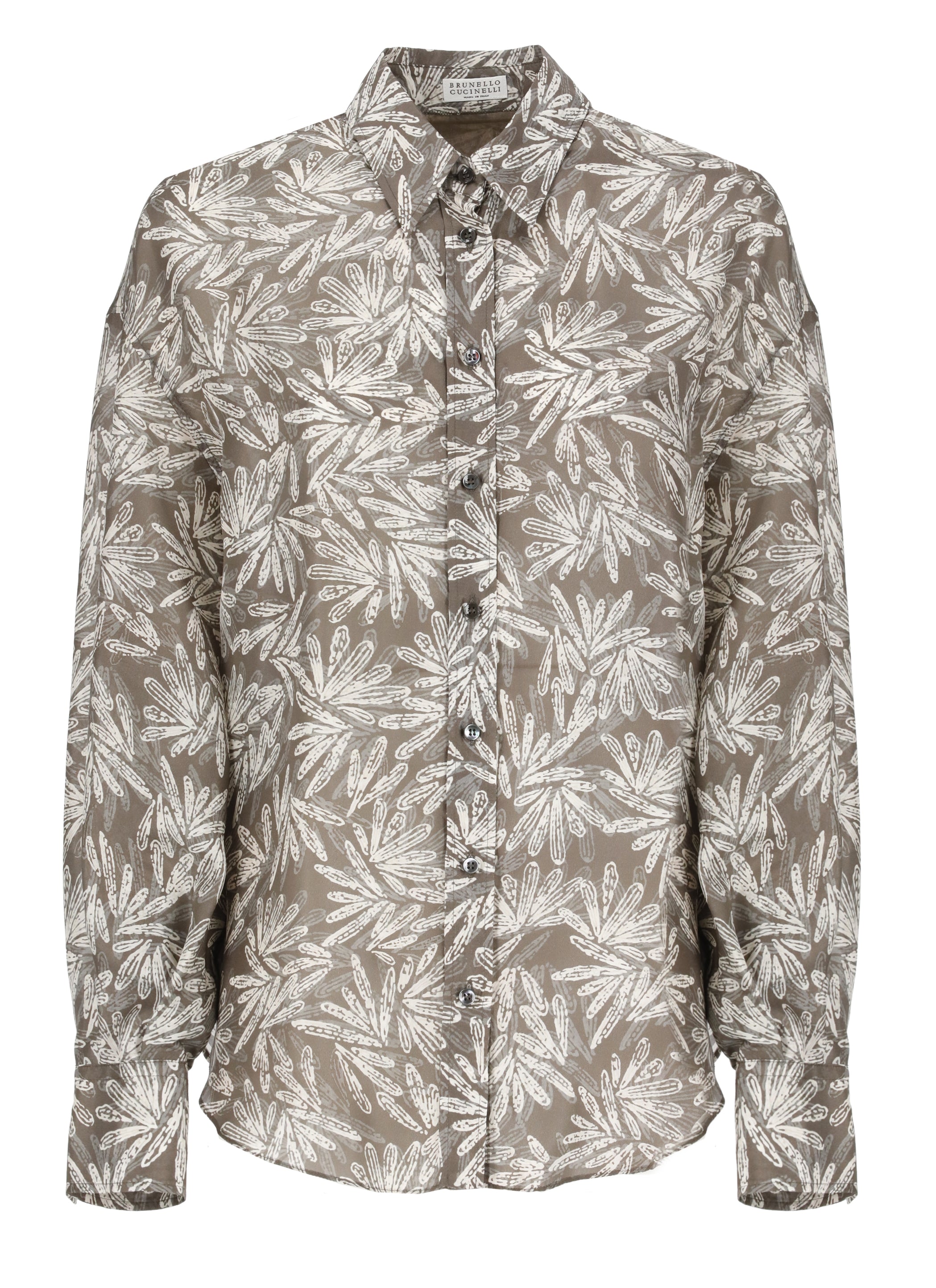 BRUNELLO CUCINELLI WOMEN'S CHOCOLATE BEIGE PATTERNED BUTTON-UP SHIRT