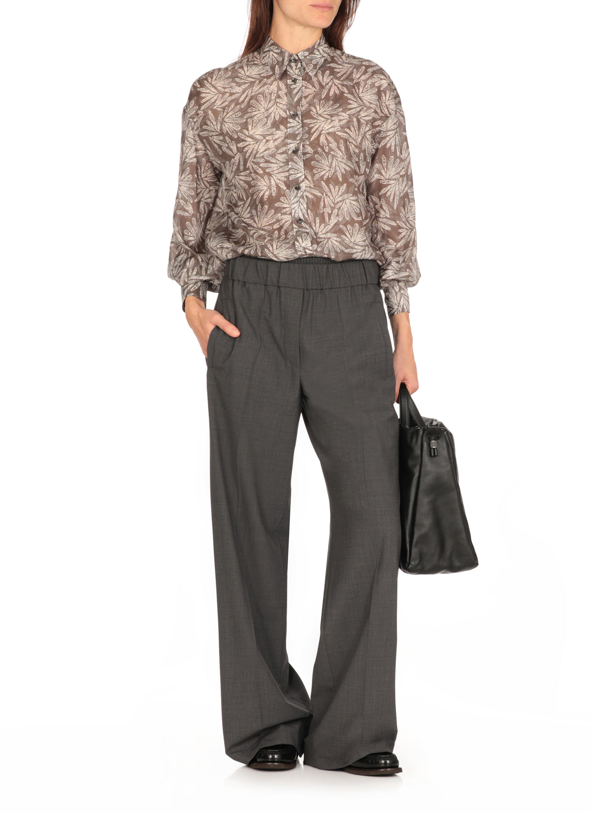 BRUNELLO CUCINELLI WOMEN'S BROWN SILK PATTERNED SHIRT