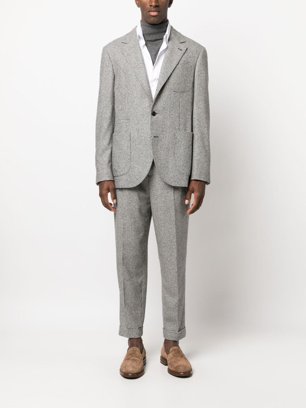 BRUNELLO CUCINELLI MEN'S LIGHT GREY WOOL HOUNDSTOOTH SUIT