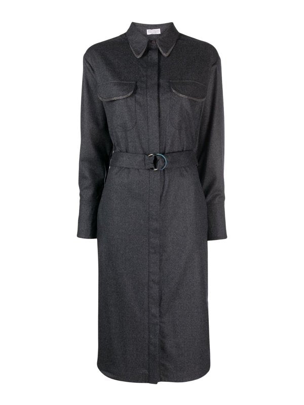 BRUNELLO CUCINELLI WOMEN'S DARK GREY WOOL BELTED SHIRT DRESS