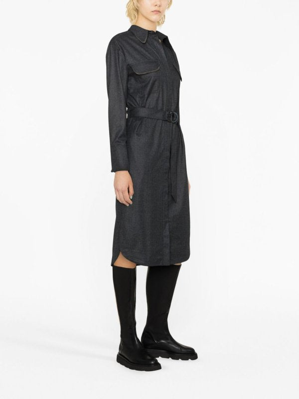 BRUNELLO CUCINELLI WOMEN'S DARK GREY WOOL BELTED SHIRT DRESS