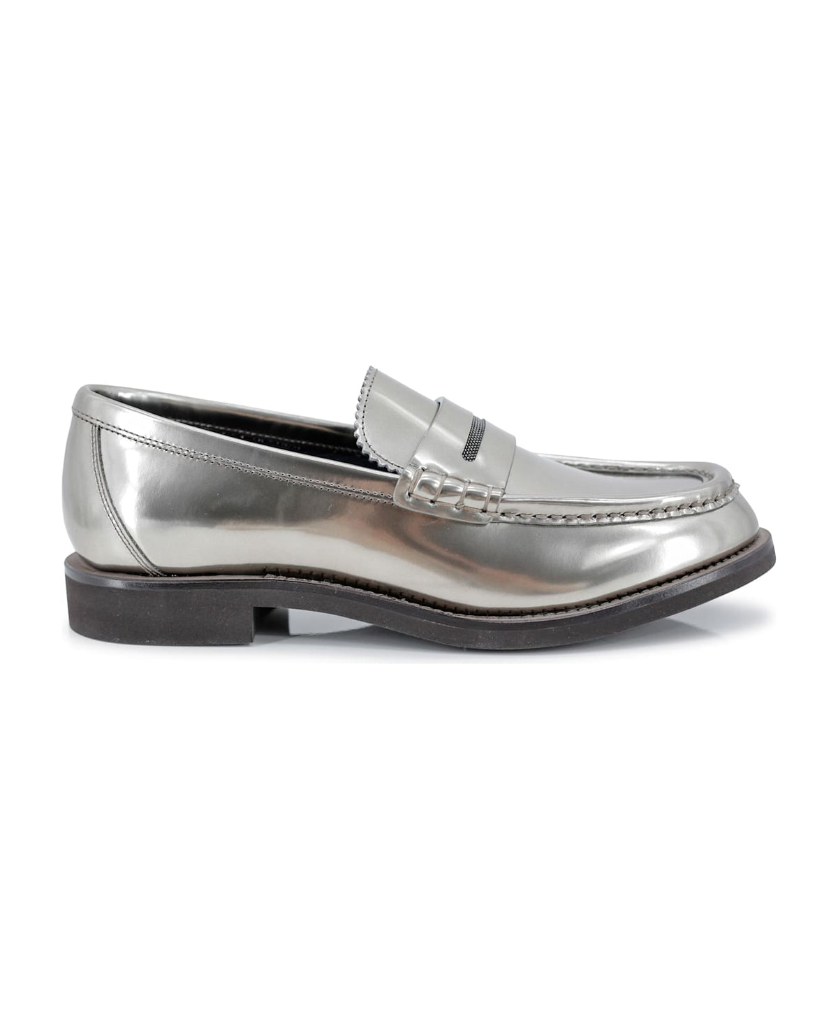 BRUNELLO CUCINELLI WOMEN'S METALLIC SILVER LEATHER LOAFERS