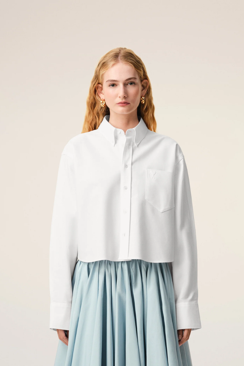 Ami Paris Button Down Cropped Oversized Shirt In Cotton Oxford-White