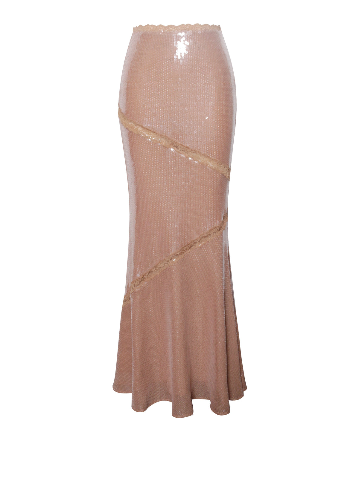 Odalis Nude Sequin Maxi Skirt With Lace Trim (Archive Sale)