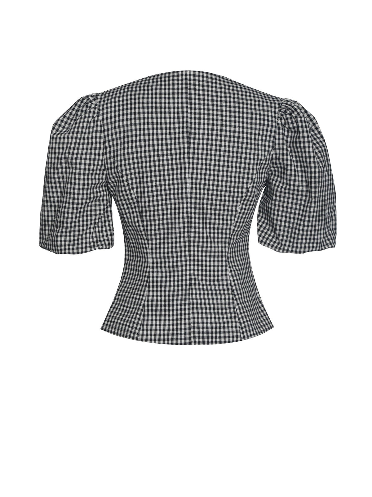 Qusayla Black Gingham Cotton Bubble Sleeve Bowtie Top