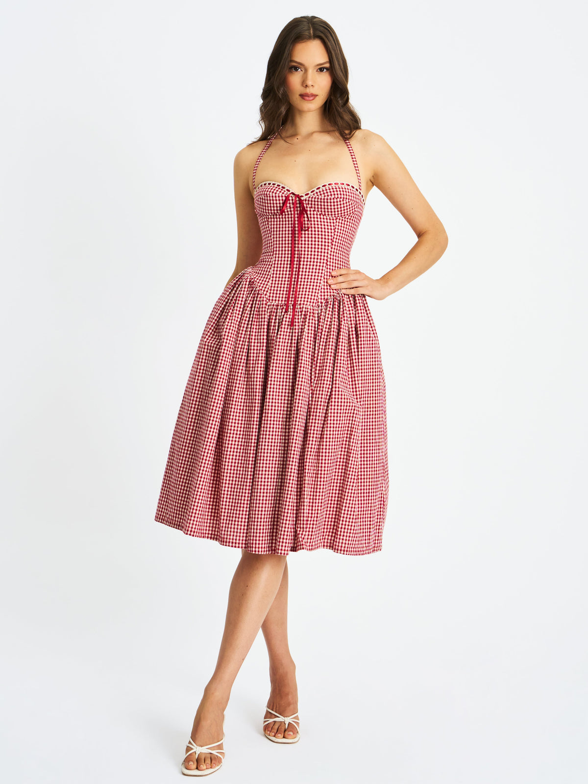 Susanna Red Cotton Gingham Drop Waist Midi Dress