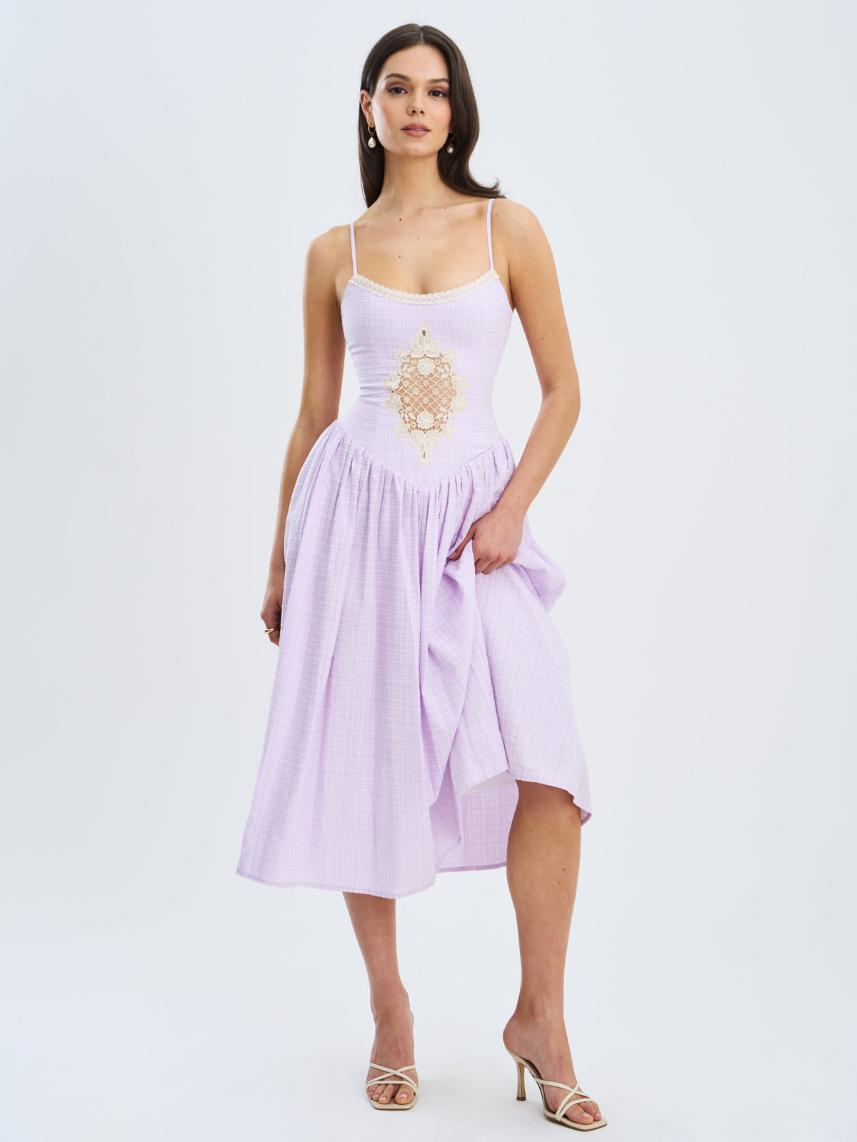 Jaclyn Lavender Lace Trim Cutout Seersucker Midi Dress (Archive Sale)