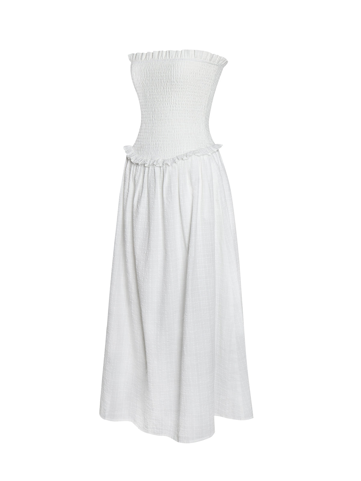 Quadiya White Cotton Seersucker Smocked Strapless Midi Dress