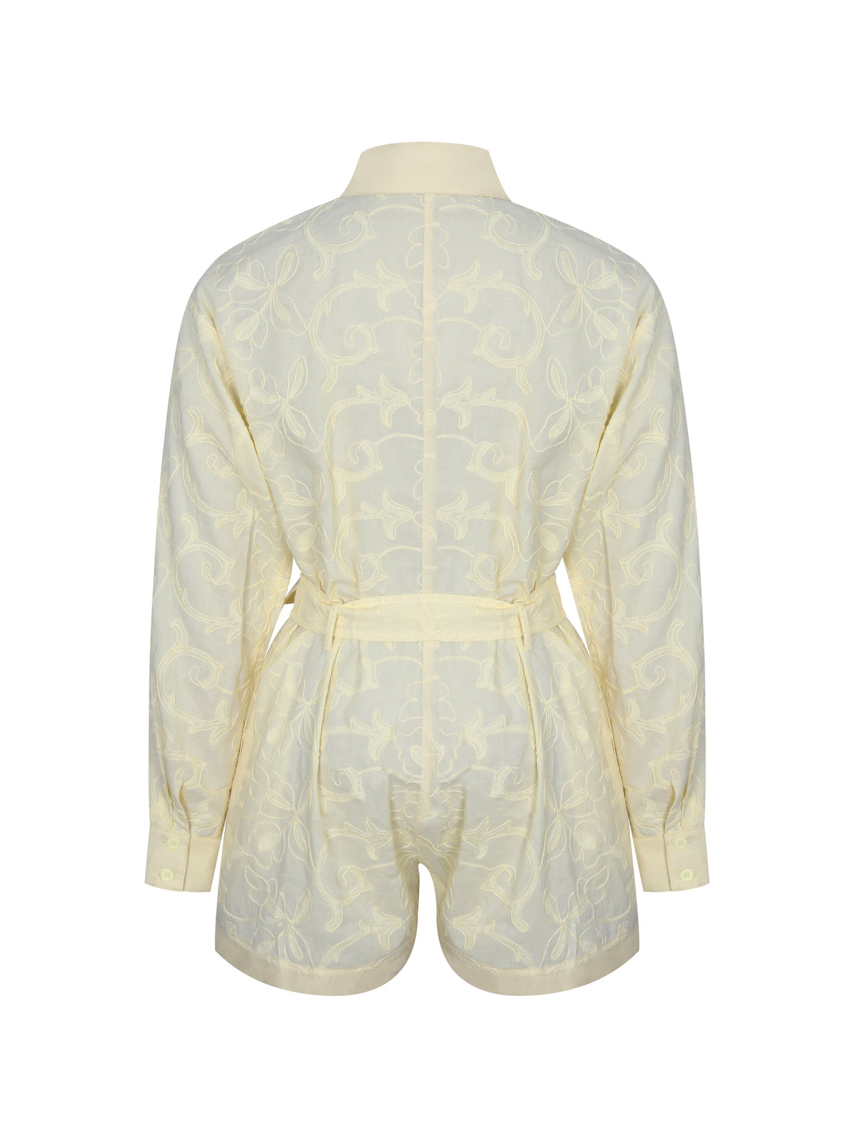 Malou Lemon Yellow Embroidered Poplin Belted Shirt Romper