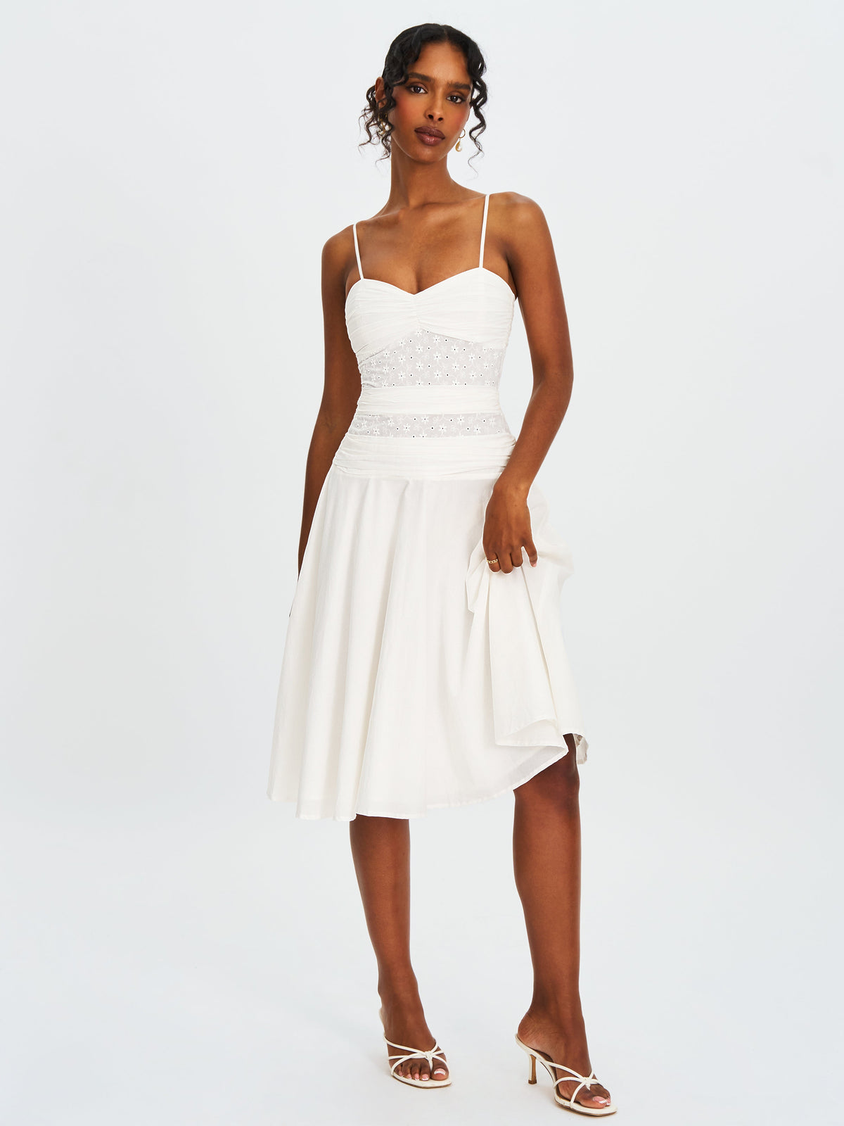 Maelis White Cotton Eyelet Drop Waist Midi Dress