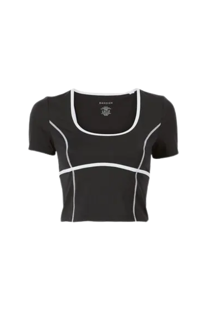 Bandier Crop Contrast Seam Short Sleeve Black/White BND10164