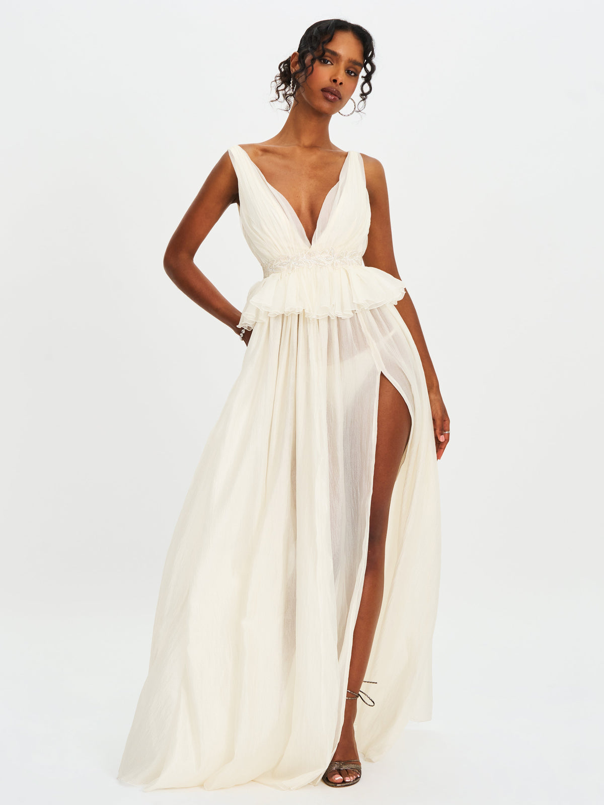 Calleigh Off White Flare Beaded Belt Maxi Gown