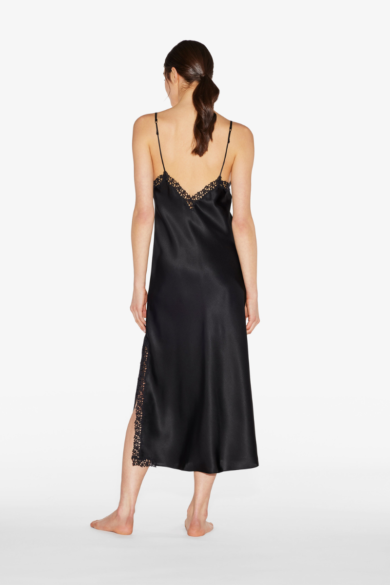 La Perla Petit Macramé Black Silk Long Nightgown With Macramé