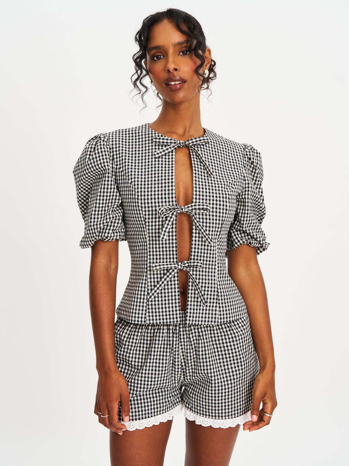 Qusayla Black Gingham Cotton Bubble Sleeve Bowtie Top