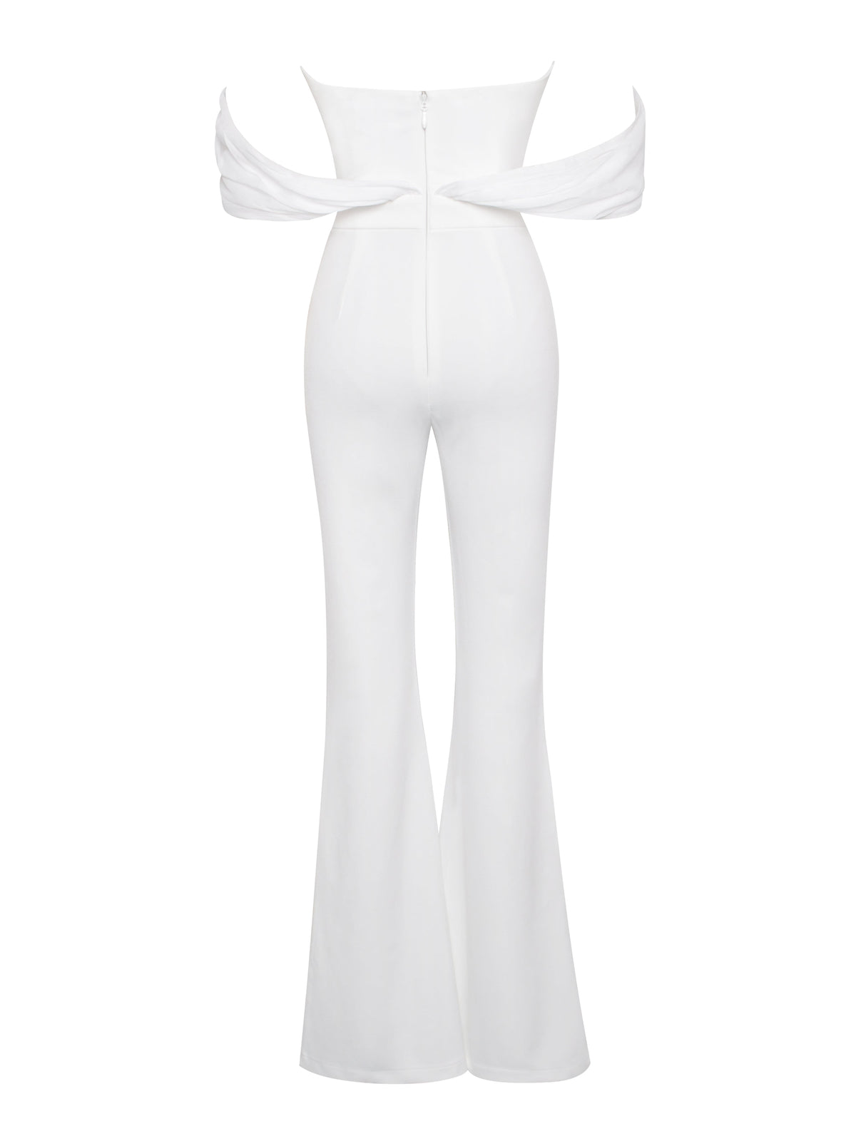 Sherlyn White Off Shoulder Flared Crepe Jumpsuit (Archive Sale)