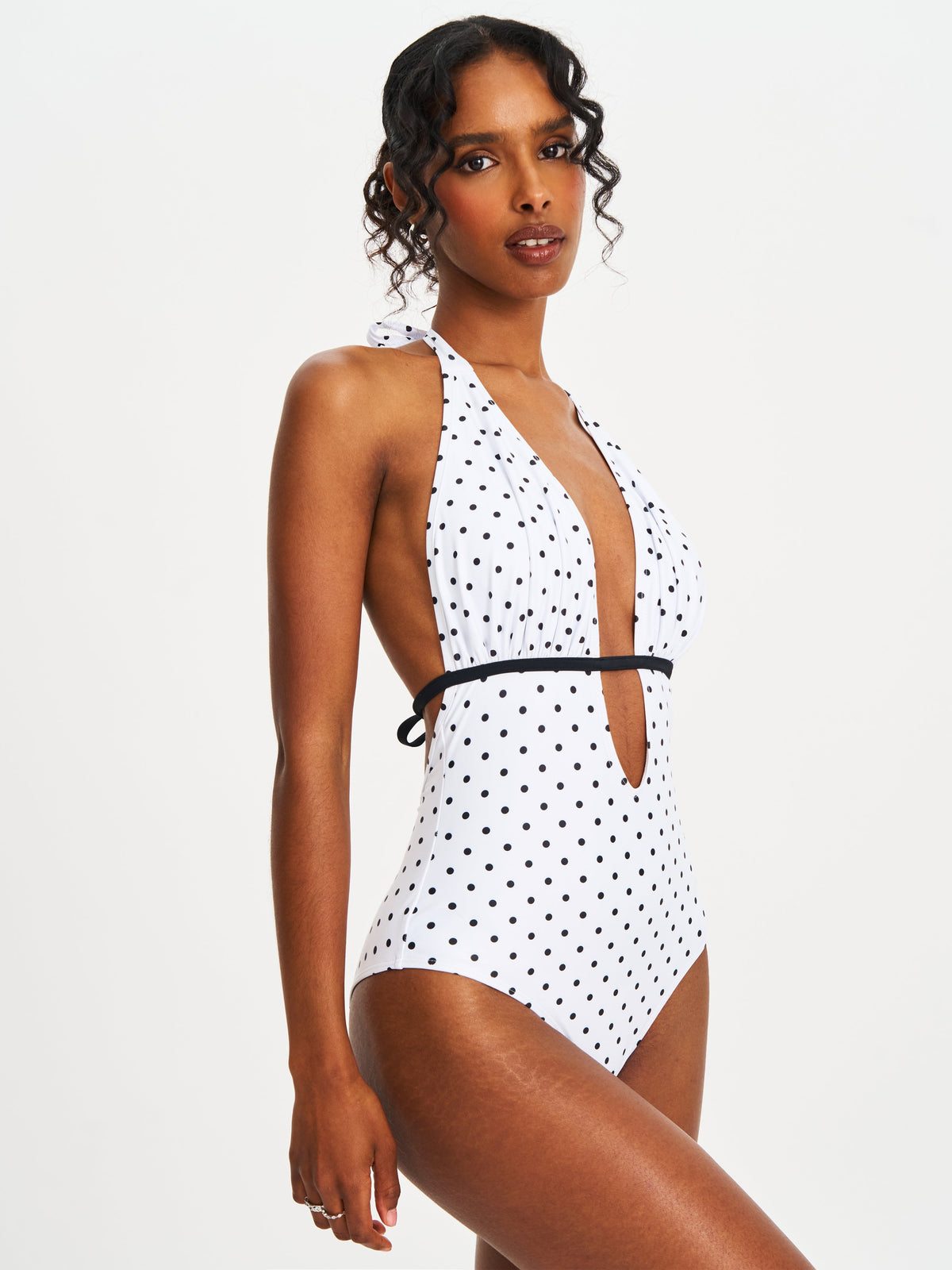 Olive White Base Polka Dot Ruched Halter Backless Swimsuit