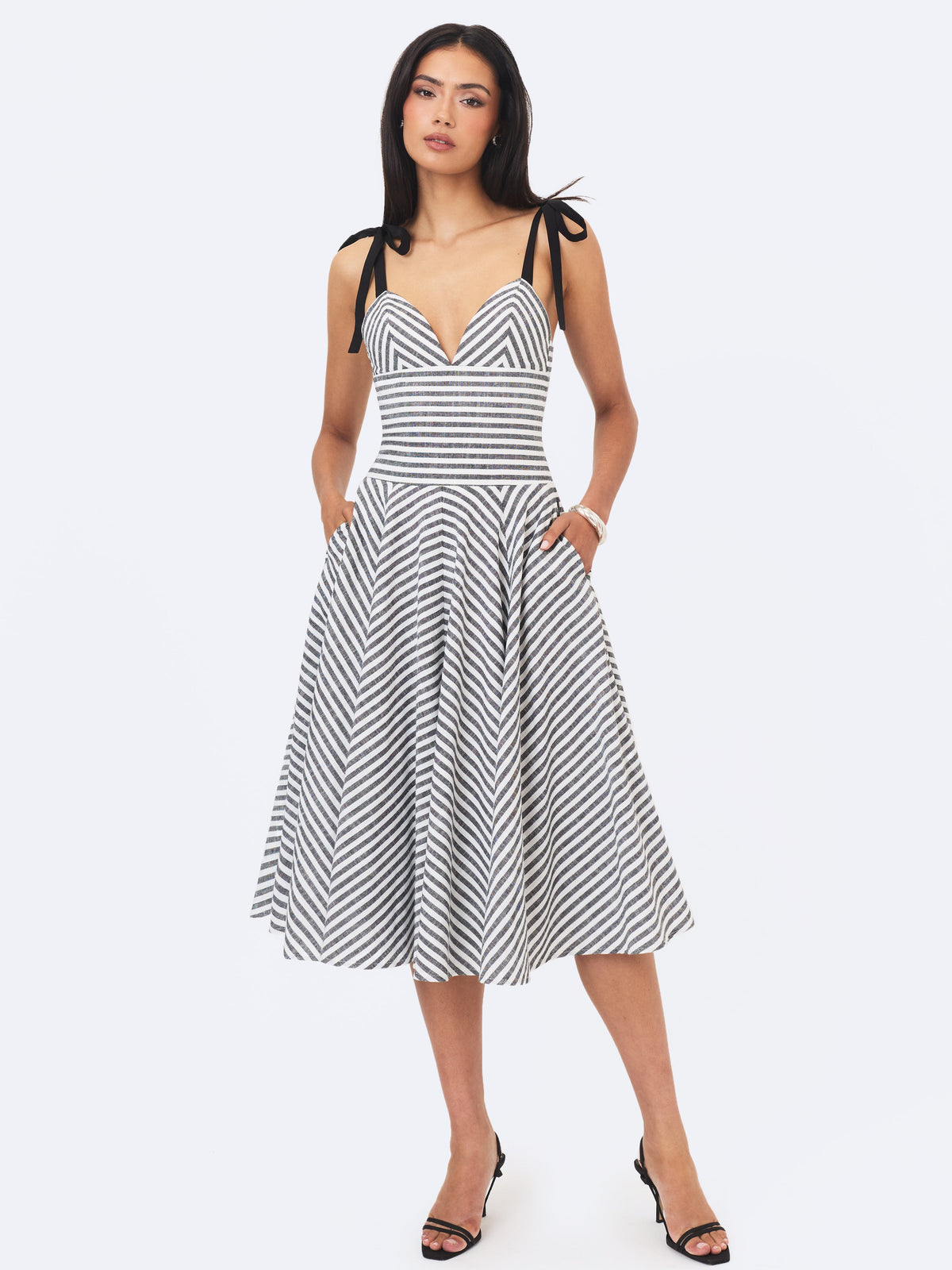 Riley Black & White Striped Linen Flared Midi Dress