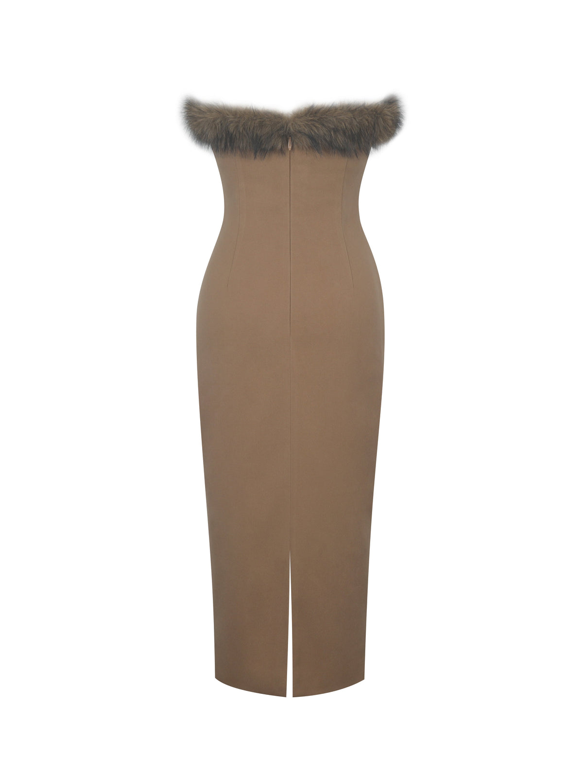 Rayanne Chestnut Strapless Fur-Trimmed Sweetheart Midi Dress