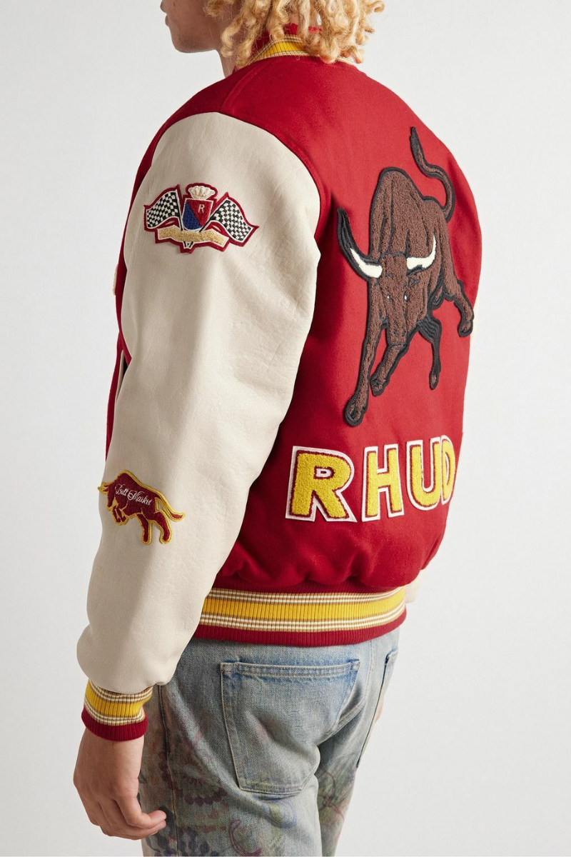 RHUDE Embellished Leather-Trimmed Wool-Blend Felt Varsity Jacket