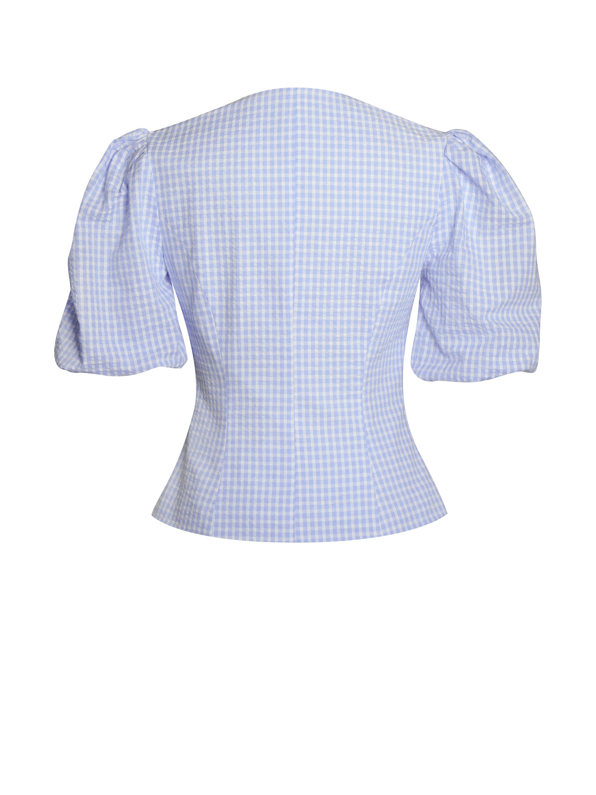 Qusayla Baby Blue Gingham Cotton Bubble Sleeve Bowtie Top