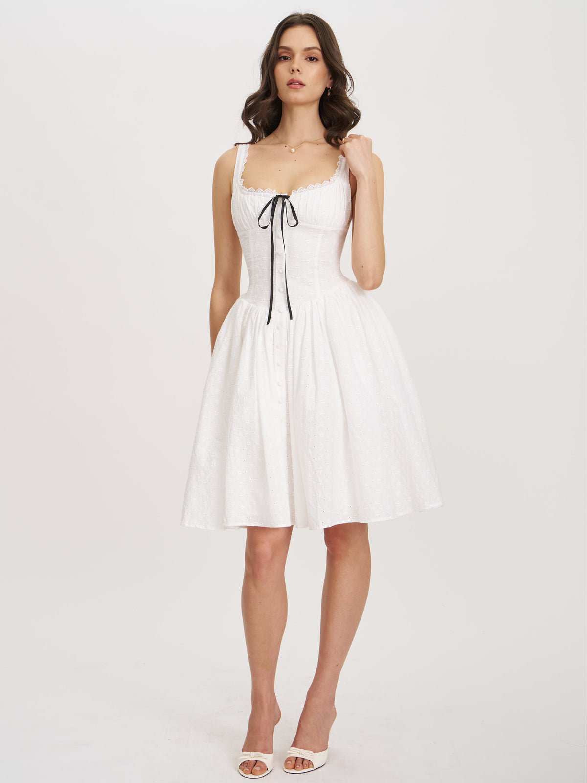 Madison White Cotton Eyelet Square Neck Midi Dress