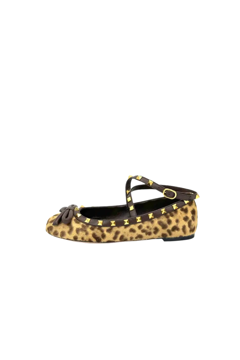 Valentino Women Rockstud Leopard Calf Hair Bow Ballet Flats Leopard/Fondant 3W2S0HB6JSH MQU