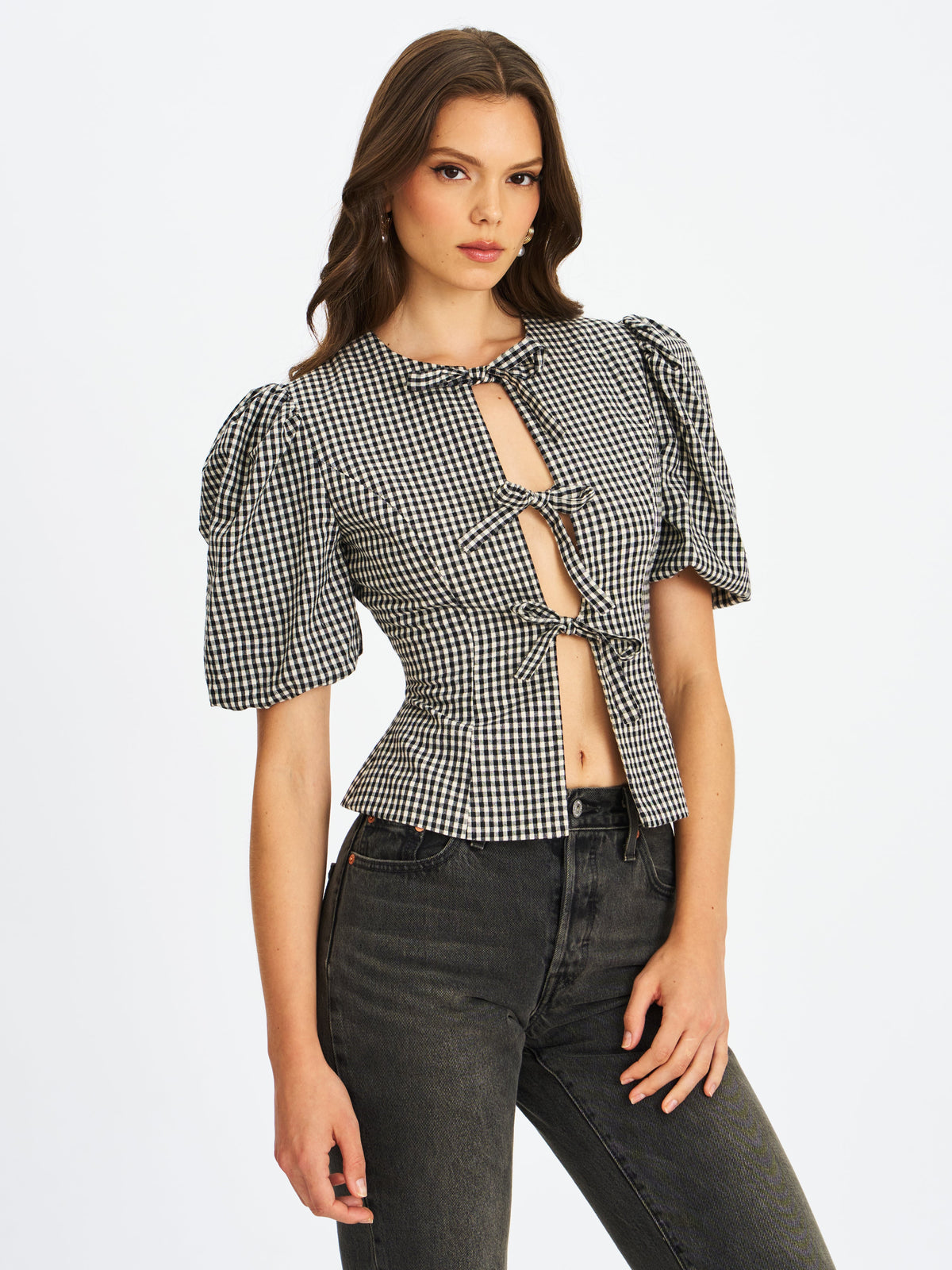 Qusayla Black Gingham Cotton Bubble Sleeve Bowtie Top