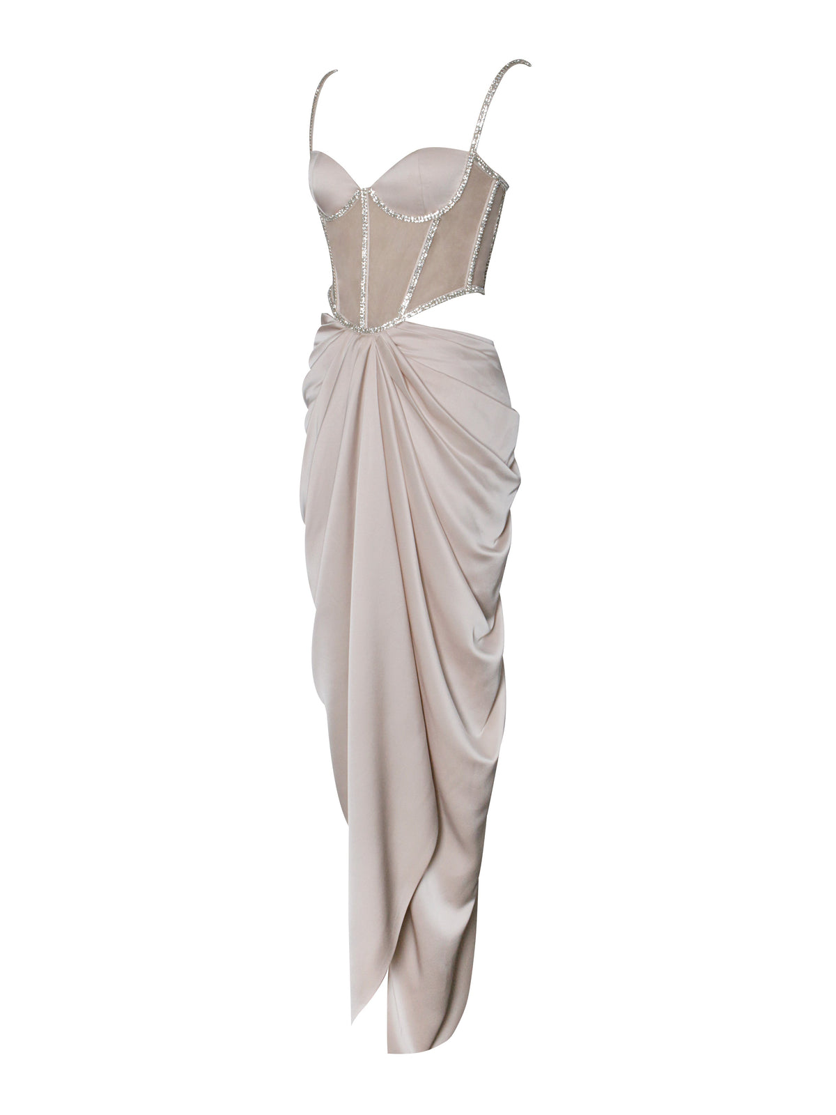 Cadence Champagne Satin Crystal Embellished Corset Dress(Archive Sale)
