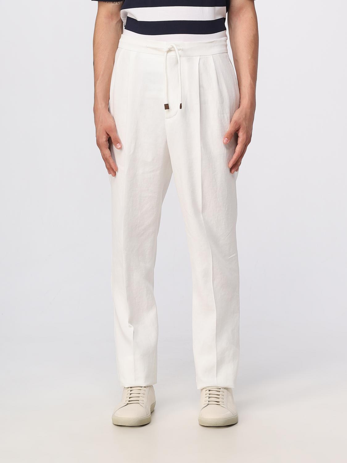 BRUNELLO CUCINELLI MEN'S WHITE DRAWSTRING LINEN TROUSERS