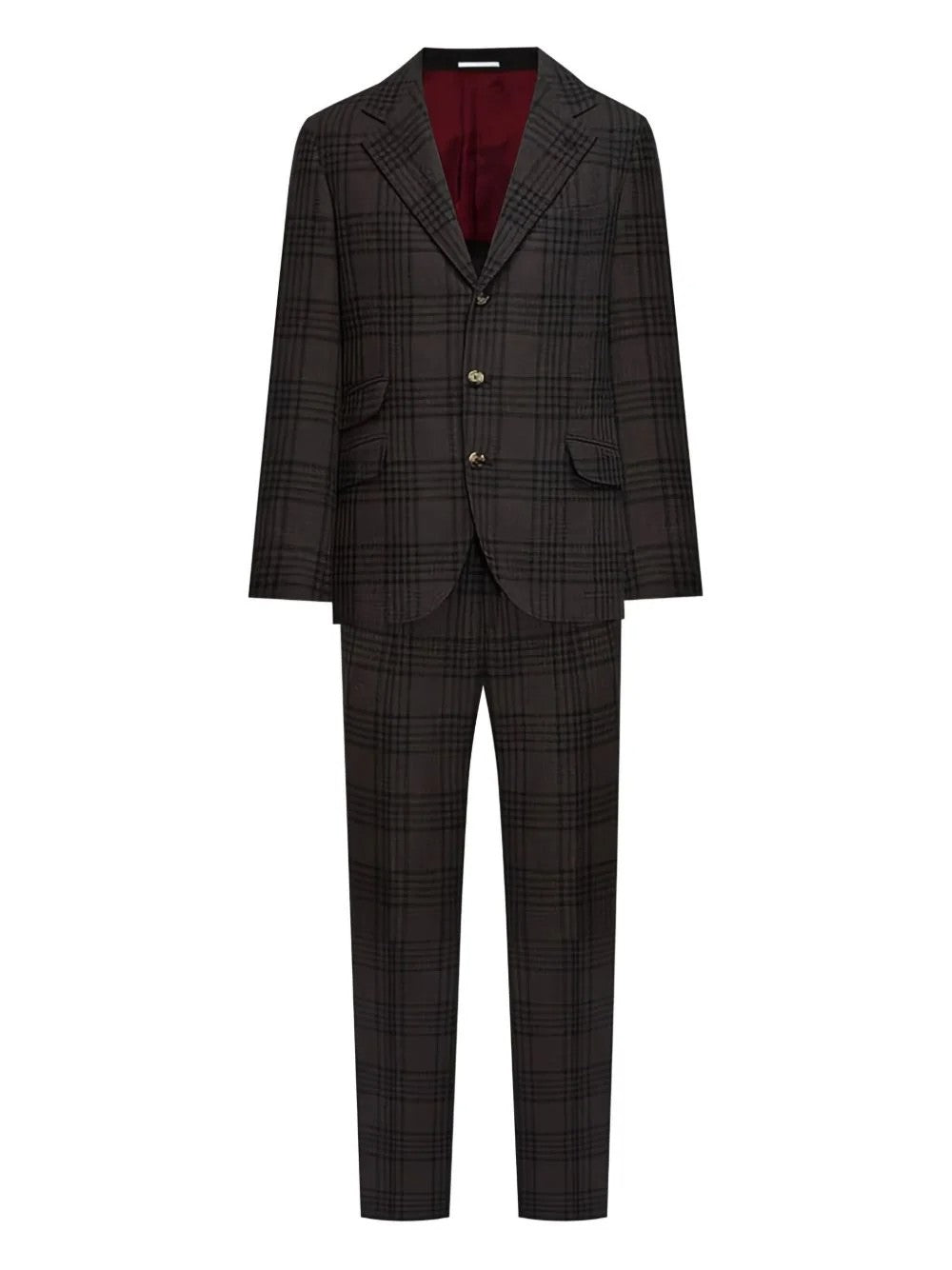 BRUNELLO CUCINELLI MEN'S BROWN PLAID WOOL SILK SUIT