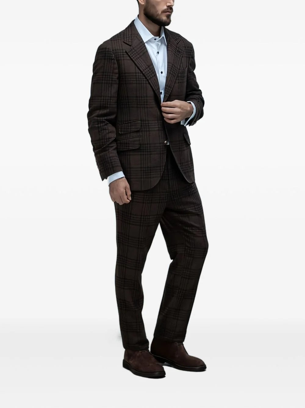BRUNELLO CUCINELLI MEN'S BROWN PLAID WOOL SILK SUIT