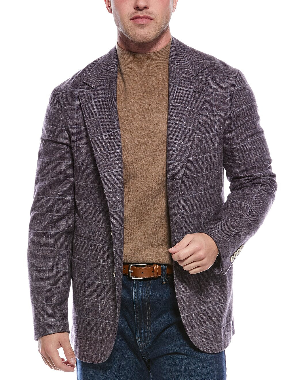 BRUNELLO CUCINELLI MEN'S IRIS WOOL SILK BLEND CHECKED BLAZER