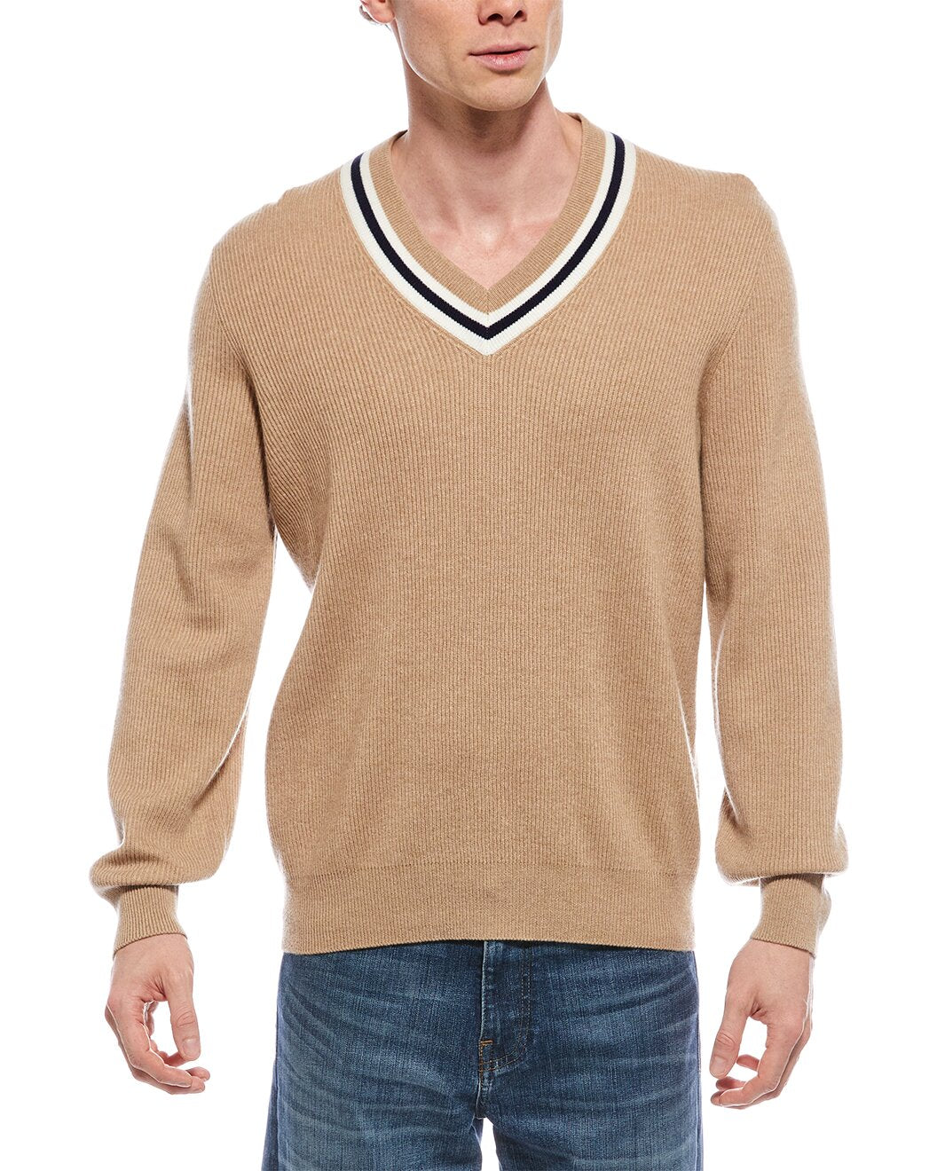 BRUNELLO CUCINELLI MEN'S CAMEL V-NECK SWEATER WITH TRIM