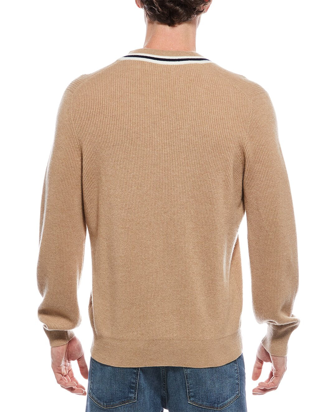 BRUNELLO CUCINELLI MEN'S CAMEL V-NECK SWEATER WITH TRIM