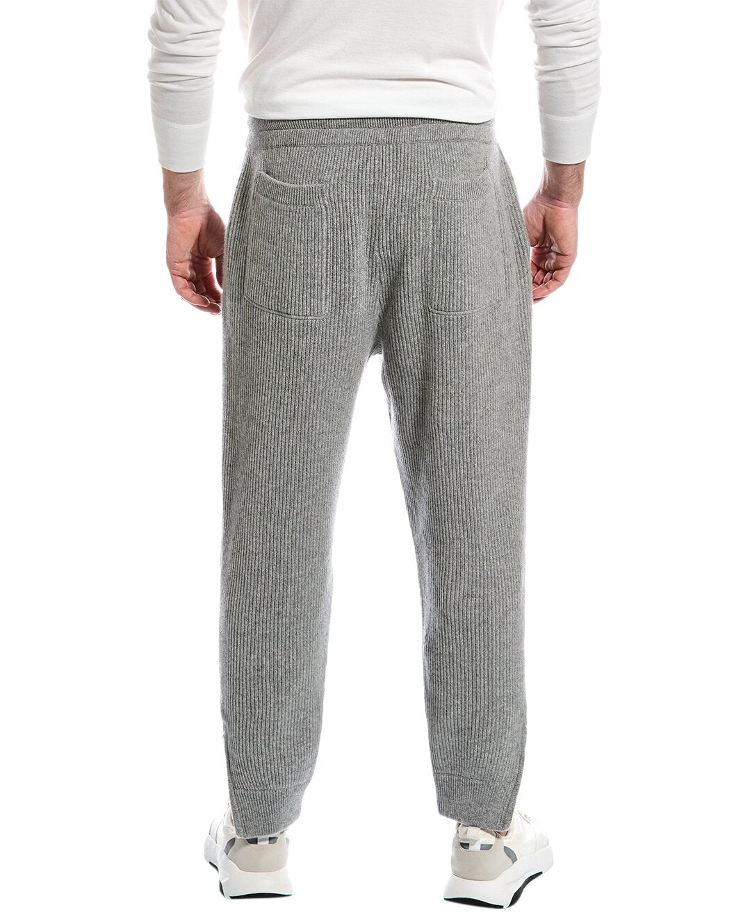 BRUNELLO CUCINELLI MEN'S LIGHT GREY CASHMERE RIBBED DRAWSTRING TROUSERS