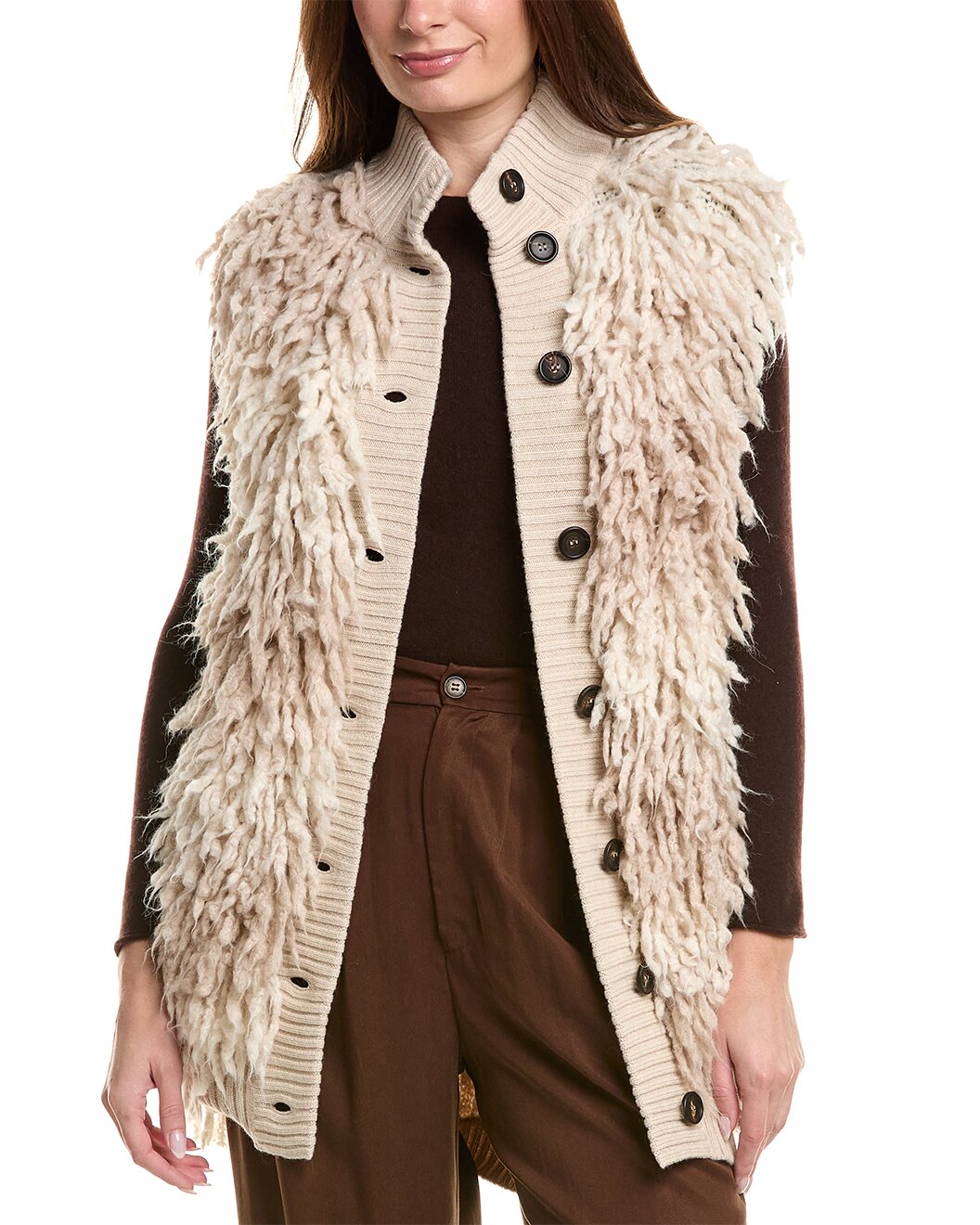 BRUNELLO CUCINELLI WOMEN'S BEIGE TEXTURED KNIT BUTTONED VEST