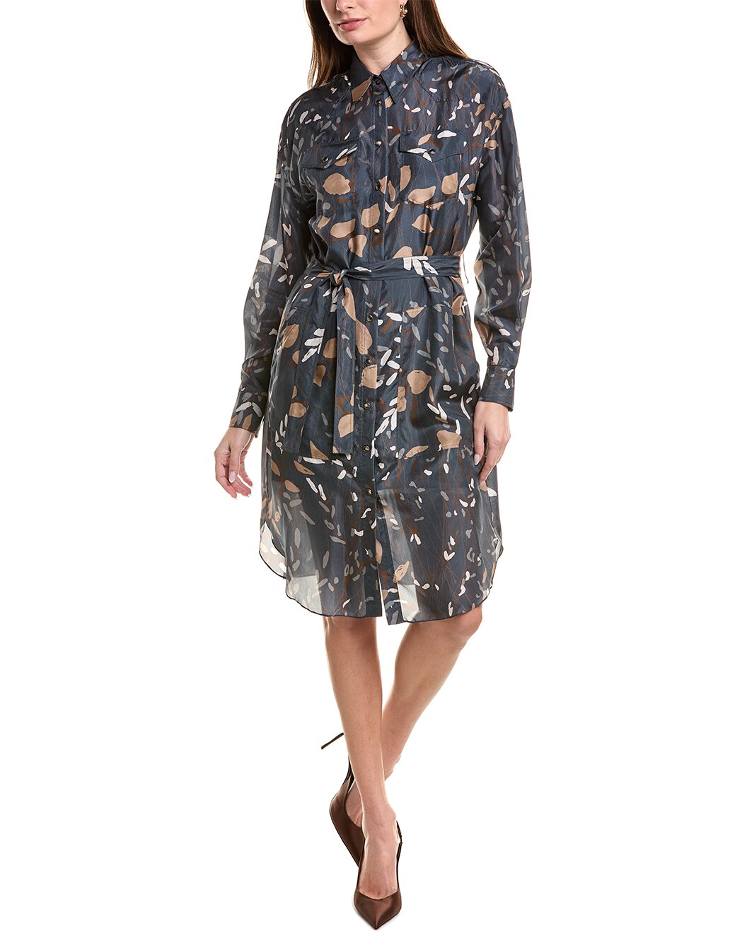 BRUNELLO CUCINELLI WOMEN'S BLUE PATTERNED SHIRT DRESS WITH BELT